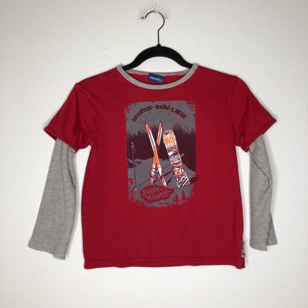 Naartjie Kids Shirt Boys 8 Red Ski Tours Winter Resort Layered Long Sleeve Tee